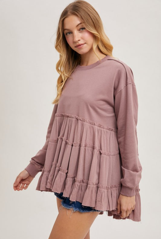 Mauve Tiered Ruffle Hem Sweatshirt