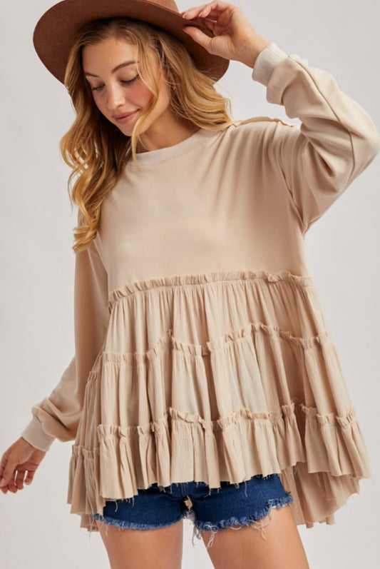 Oatmeal Tiered Ruffle Hem Sweatshirt