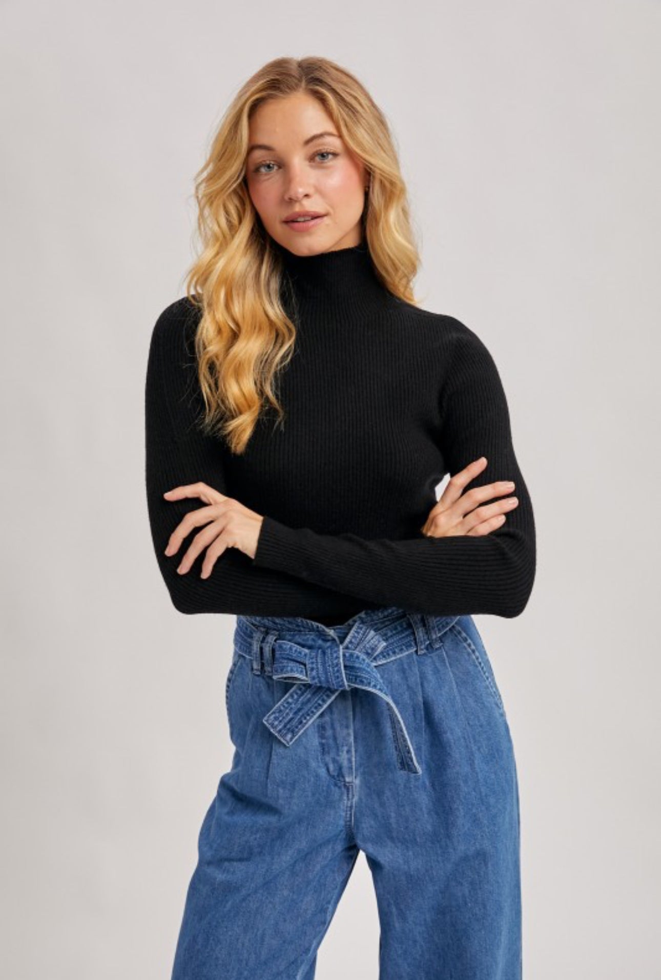 Black Mock Neck Ribbed Knit Top
