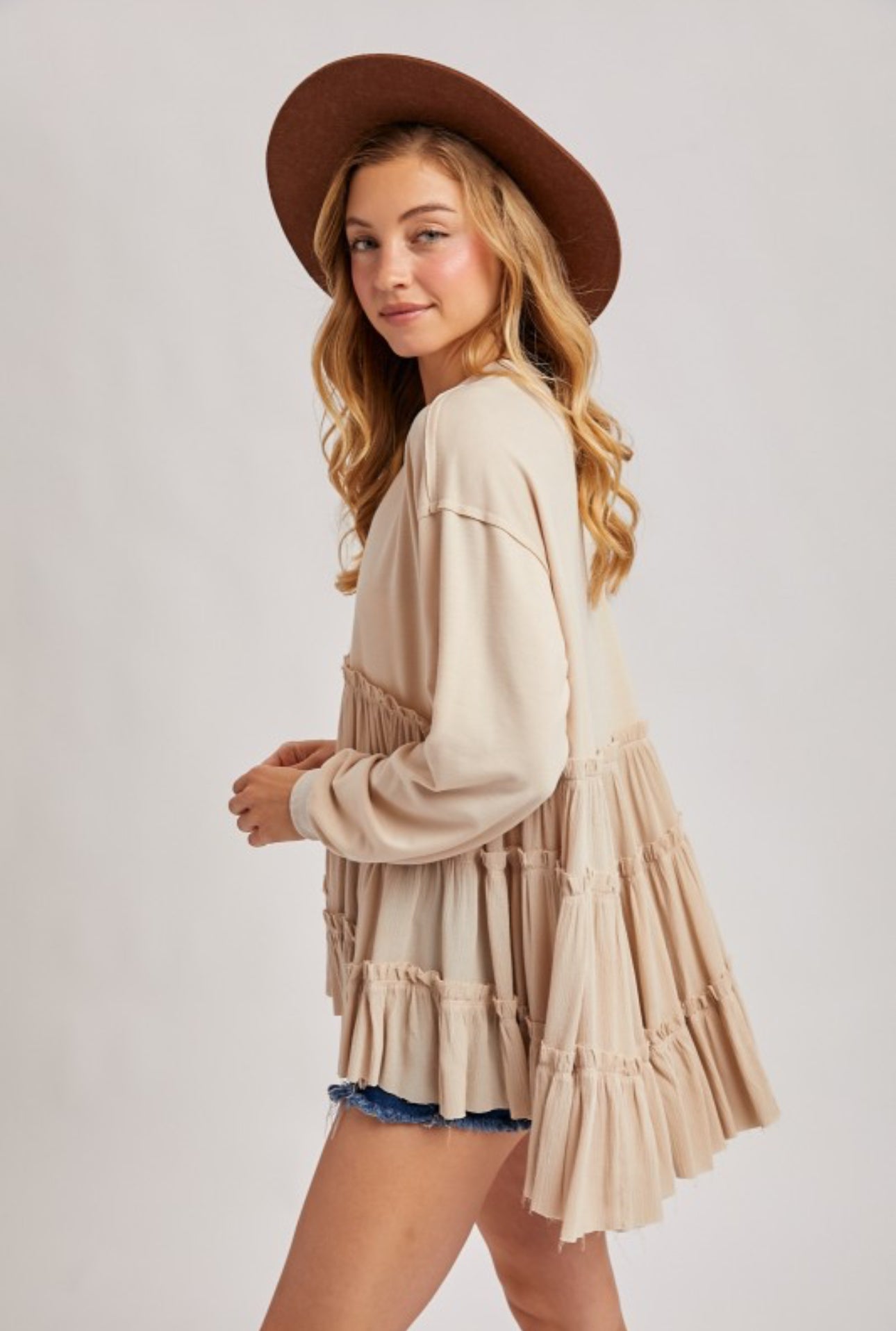 Oatmeal Tiered Ruffle Hem Sweatshirt
