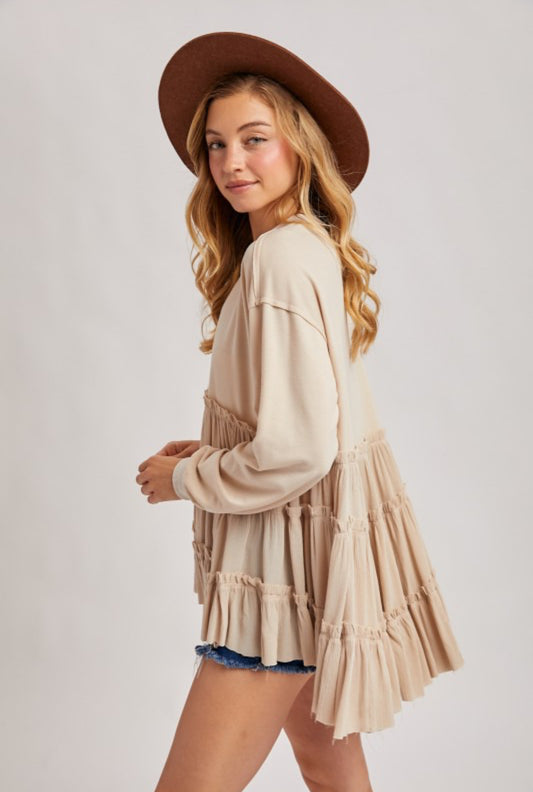 Oatmeal Tiered Ruffle Hem Sweatshirt