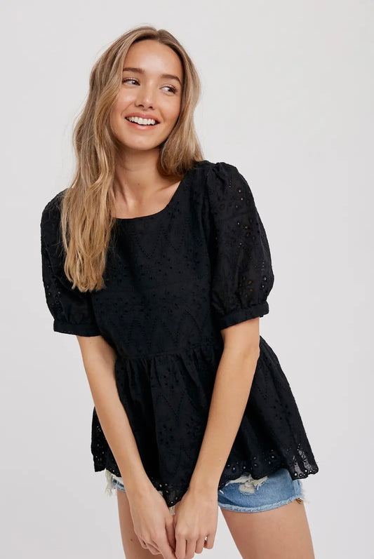 Black Eyelet Lace Peplum Top