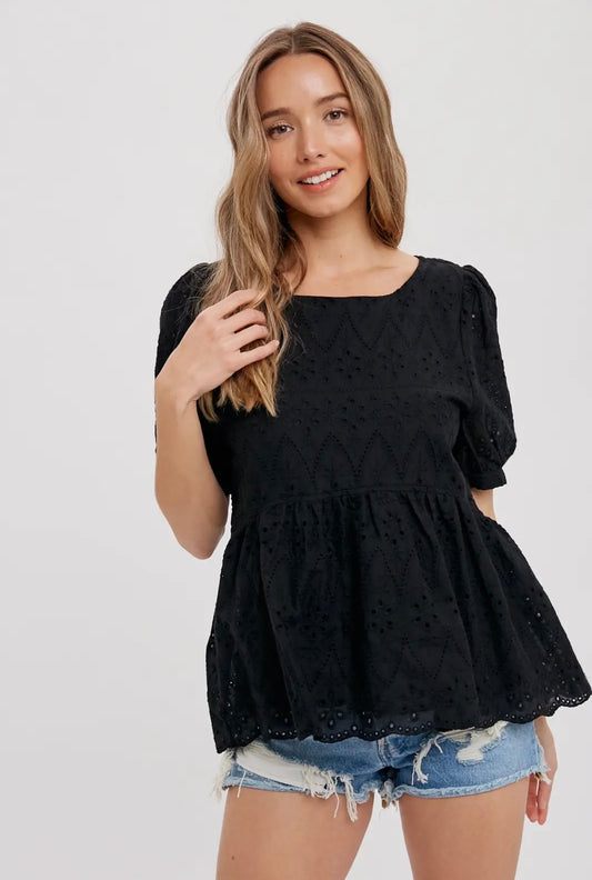 Black Eyelet Lace Peplum Top