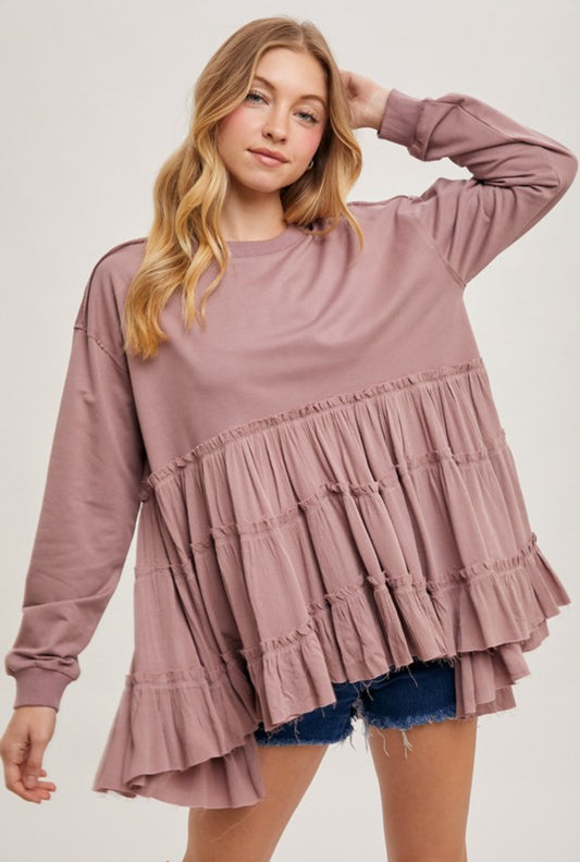 Mauve Tiered Ruffle Hem Sweatshirt