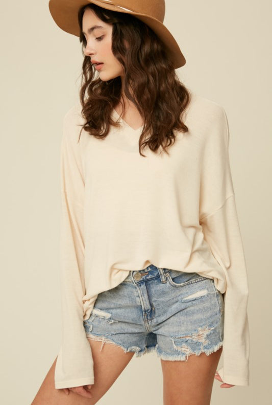 Cream Lightweight V-neck Knit Top