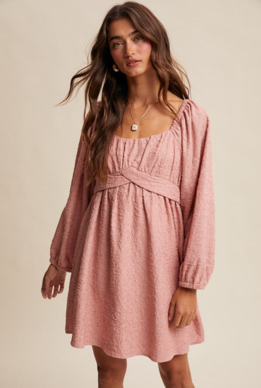 Pink Textured Babydoll Mini Dress