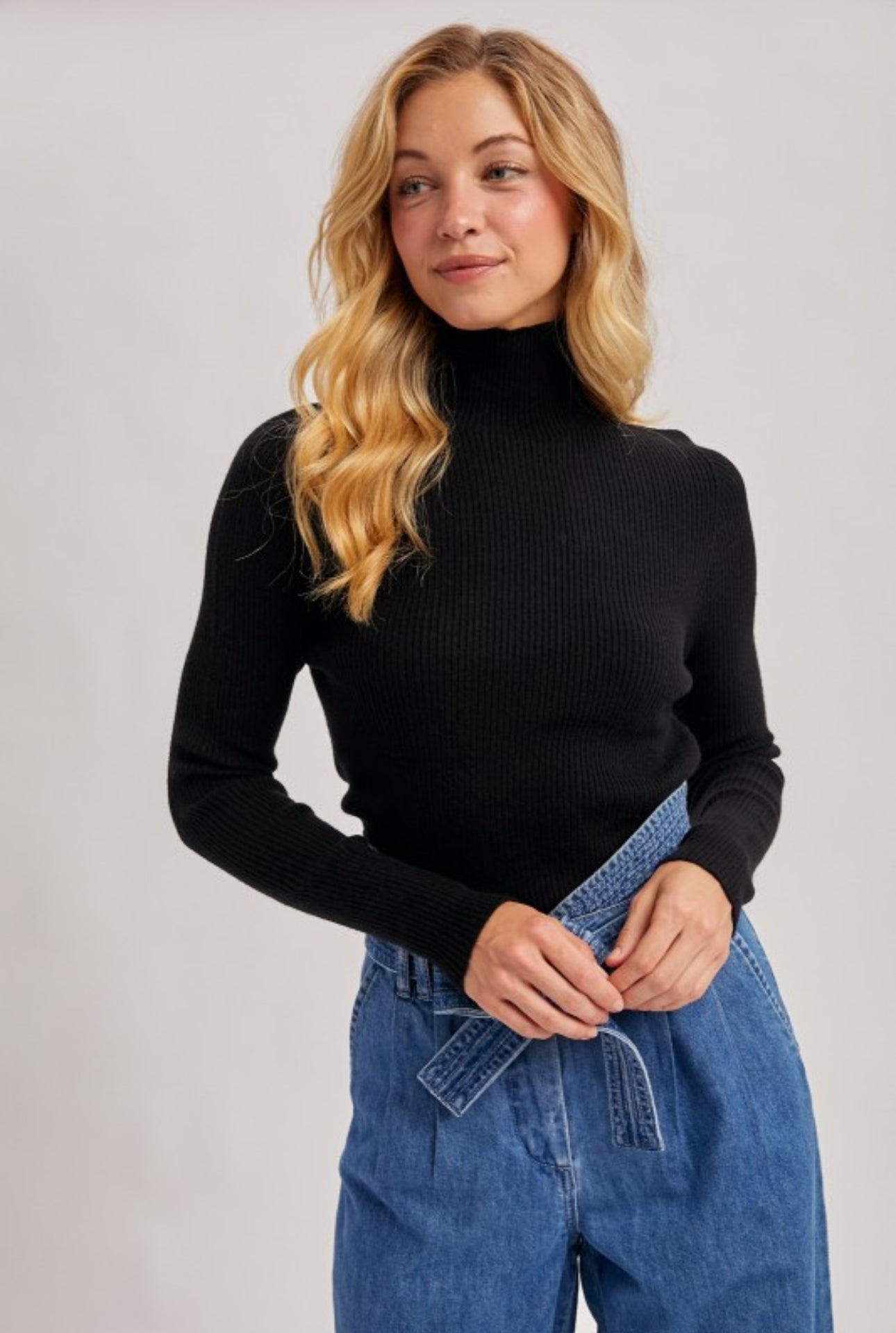 Black Mock Neck Ribbed Knit Top